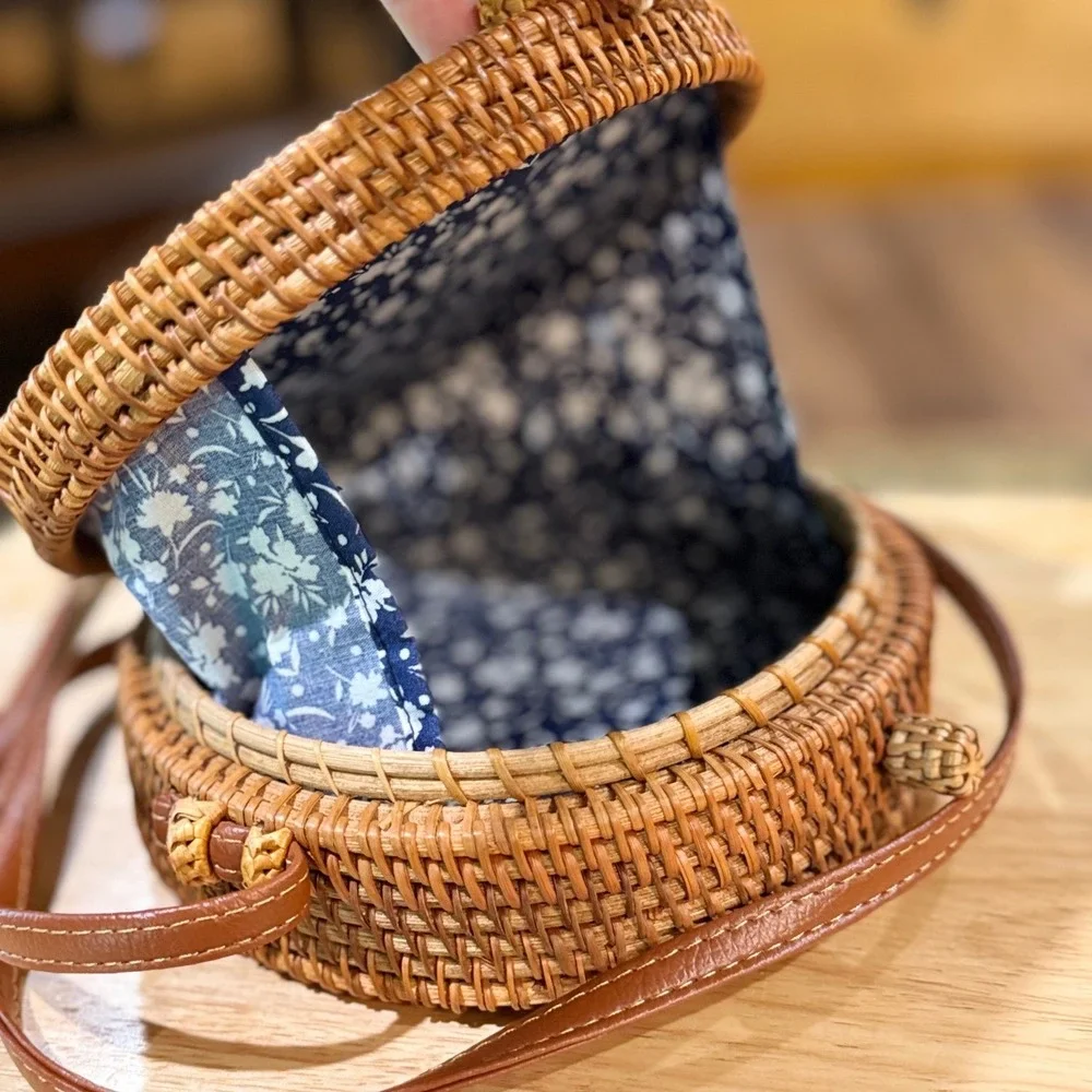 Round Woven Rattan‎ Crossbody Bag Natural Tan Wicker Circle Purse Floral Lining